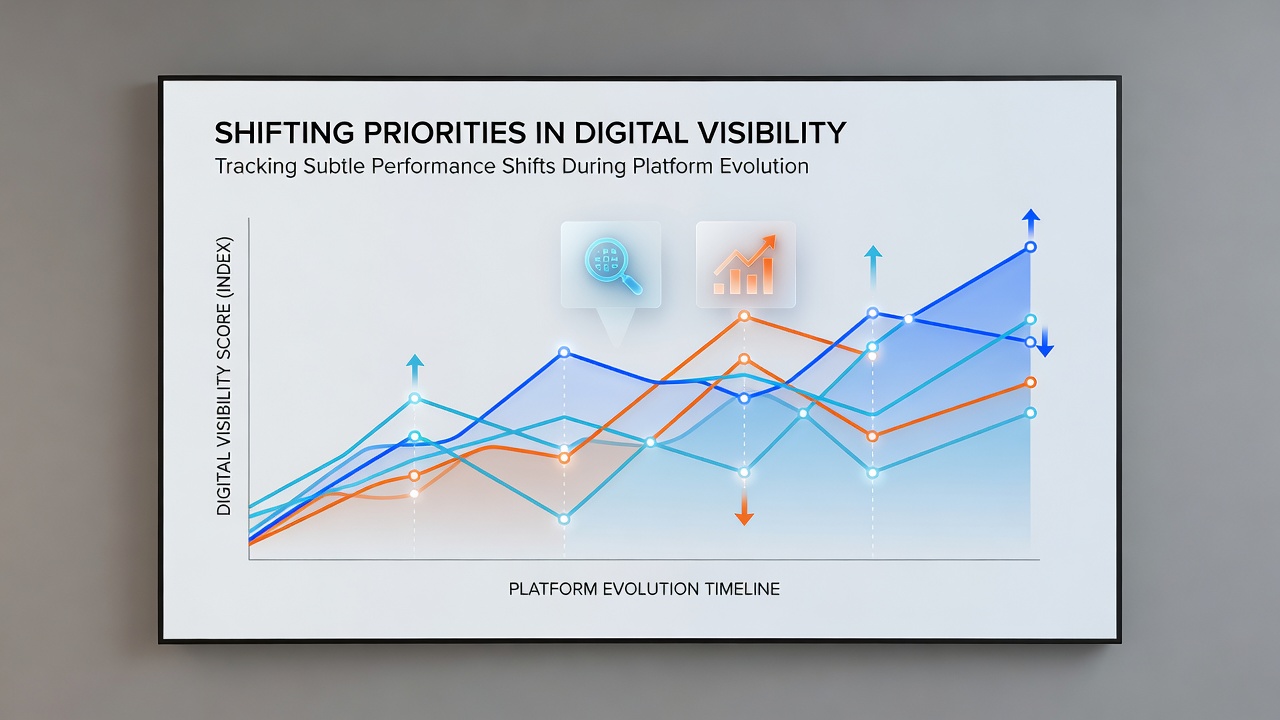 Graph showing gradual visibility performance shifts tracked over several platform evolution cycles